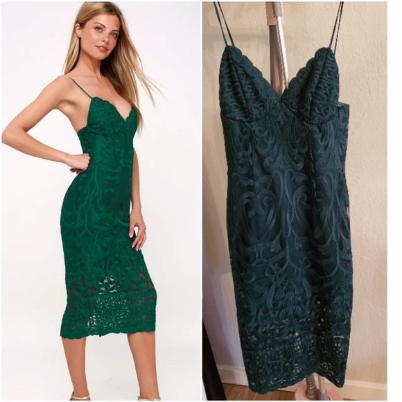 gia forest green lace bodycon midi dress